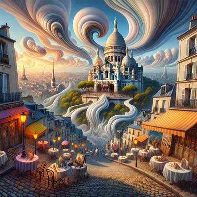 Primary subject: A painting of a city street with a restaurant, a church, and a castle.

Setting/background: The painting features a city street with a restaurant, a church, and a castle in the background.

Visual style: The image is a digital art painting.

Colors and mood: The painting has a vibrant and lively atmosphere, with a mix of colors that create a sense of depth and dimension.